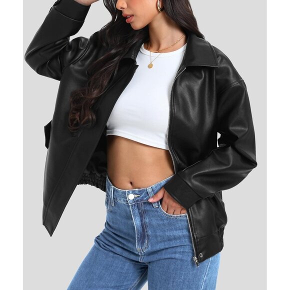 ⚡Women's Black Faux Leather Long Sleeve Zipper Oversized Motorcycle Jackets - Picture 3 of 7
